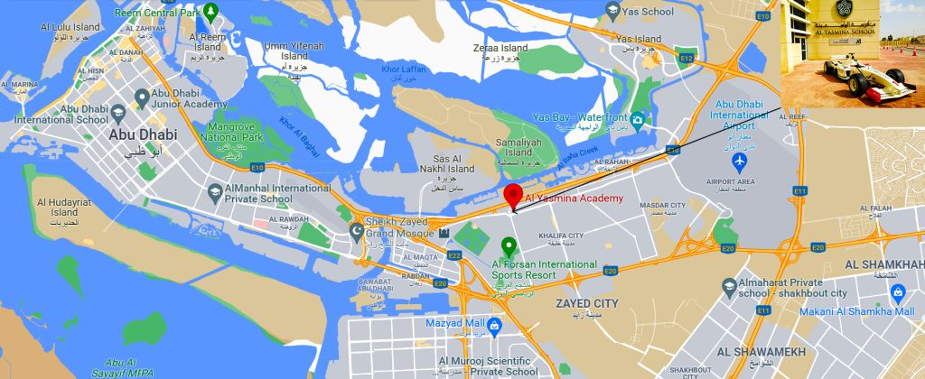 Map showing directions to Al Yasmina Academy in Abu Dhabi - An Aldar Academies School. The British curriculum school is ranked ADEK Outstanding. This is part of a review of Al Yasmina Academy by journalists at SchoolsCompared.