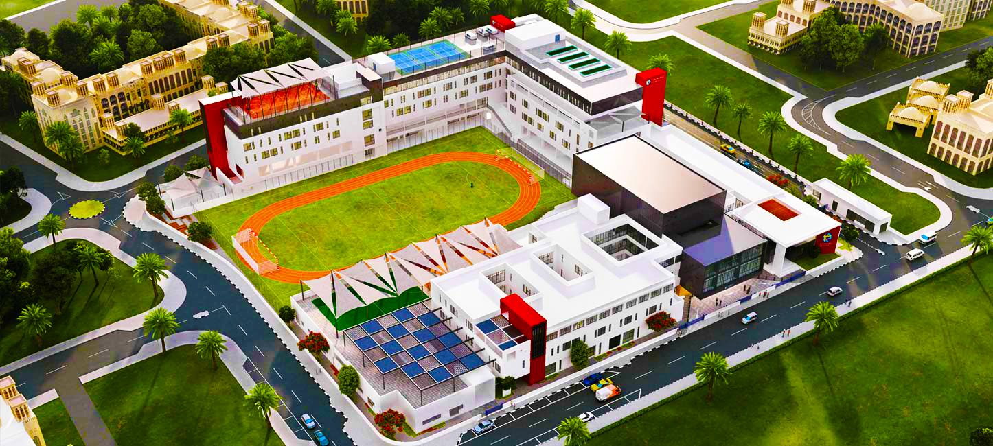 Top Schools zeichnet die beste Schule für Innovation aus. Hauptgebäude der Sunmarke School aus der Luft
