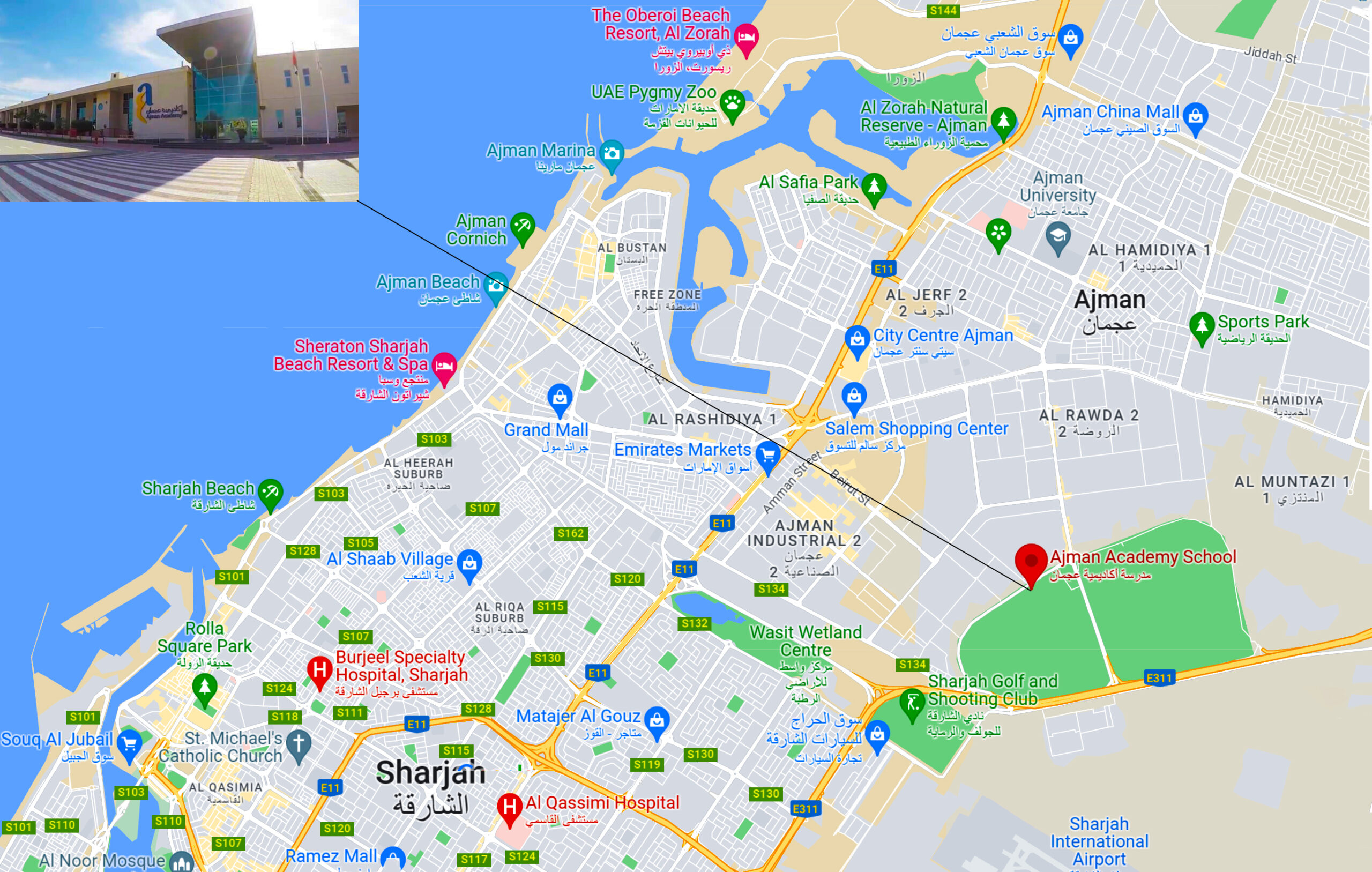 Karte mit dem Standort der Ajman Academy und Wegbeschreibung zur Schule