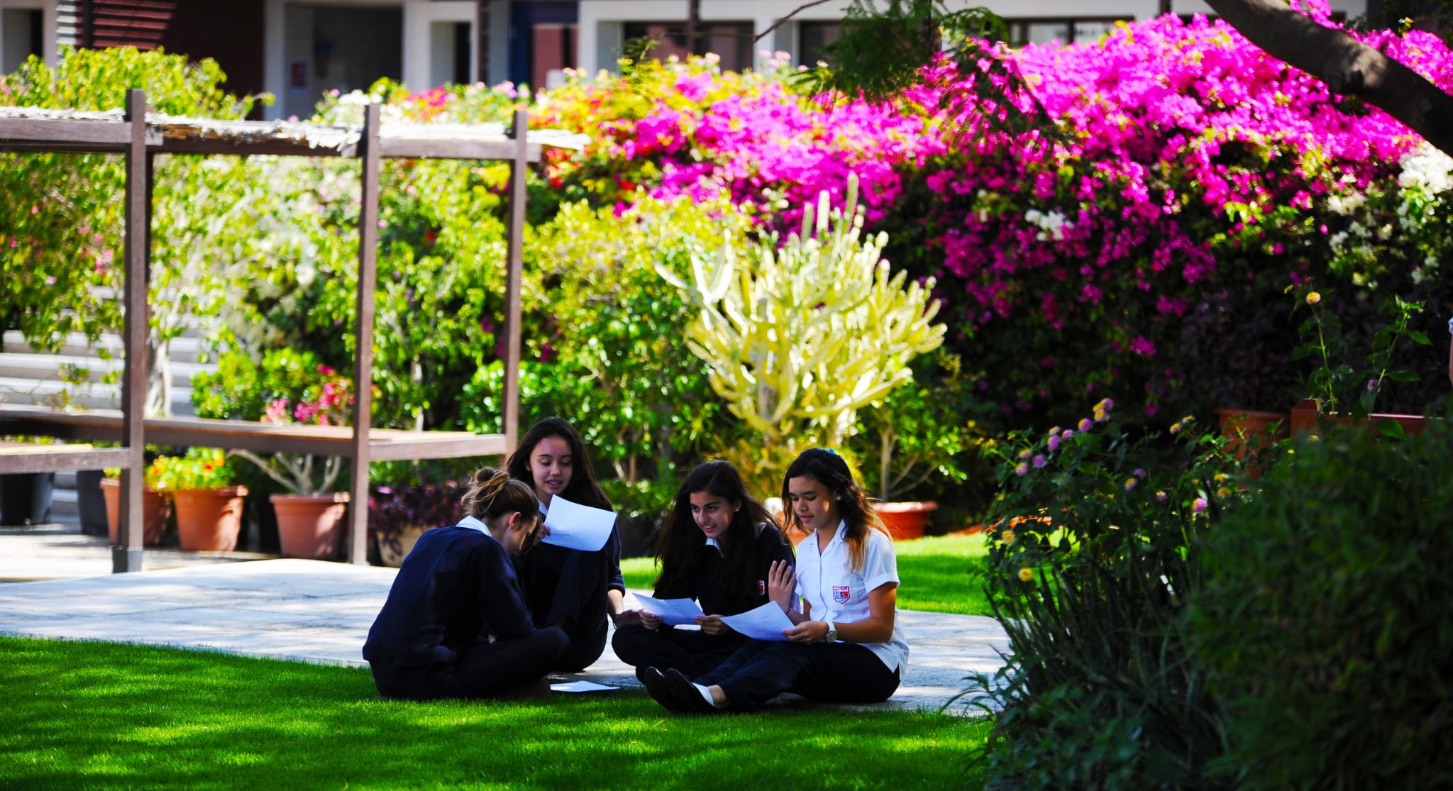 A Group of students working oustide in the sunshine at Dubai College - awarded one of the top 20 Best Schools in Dubai and Abu Dhabi by schoolscompared.com in 2017