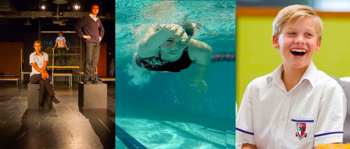 Three photographs showing students at DESC engaged in various activities including swimming - awarded one of the top 20 Best Schools in Dubai and Abu Dhabi by schoolscompared.com in 2017