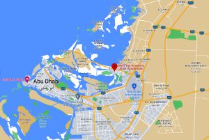 Outline location map of West Yas Academy on Yas Island in Abu Dhabi showing proximity to the main land.