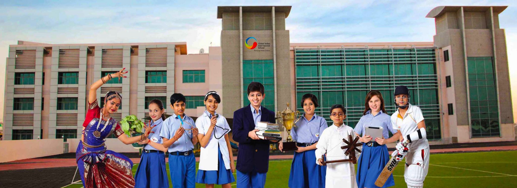 A rendered photograph of children outside the new Global Indian International School Dubai
