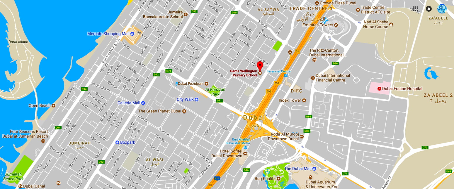 Map showing the location of GEMS Wellington Primary School in Dubai