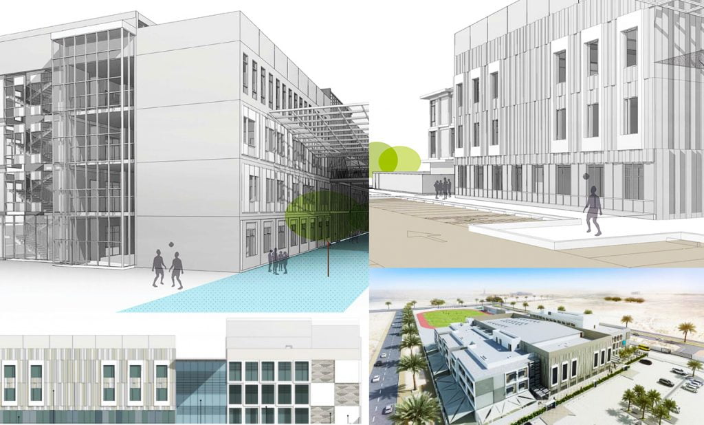 مجموعة من التصميمات المعمارية لمدرسة Dunecrest الأمريكية الجديدة التابعة لـ ESOL Education والتي ستطلق في دبي في سبتمبر 2018