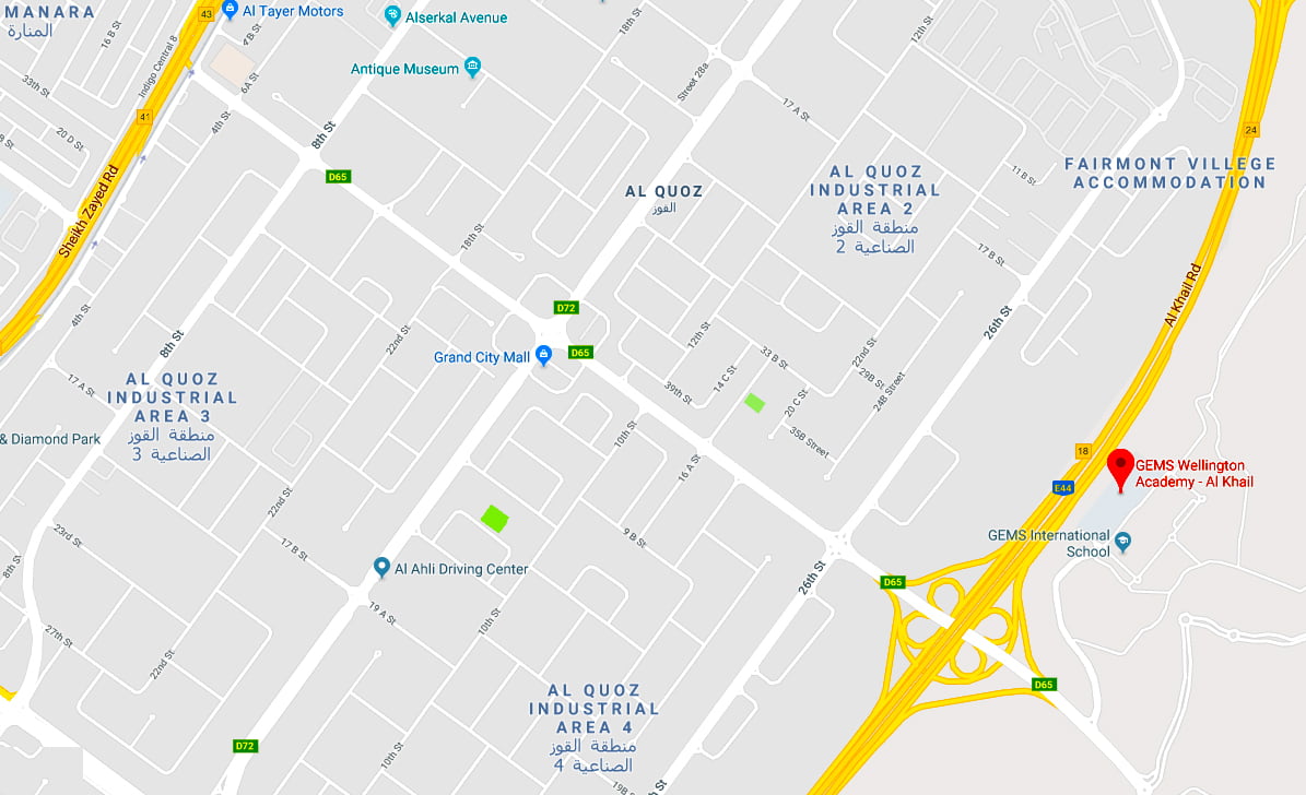 Lageplan der GEMS Al Khail-Clusterschulen mit Nähe zu den Industriegebieten von Al Quoz