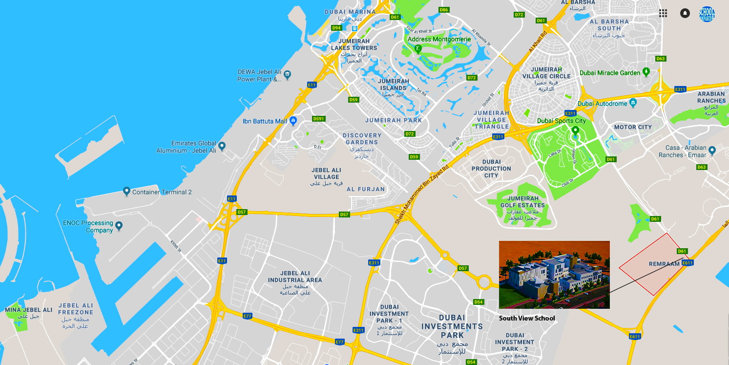 خريطة توضح موقع مدرسة ساوث فيو الجديدة في دبي لاند والتي ستقدم منهجًا بريطانيًا شاملاً للطلاب عند الأقلام في جميع المراحل بعد إطلاقها في سبتمبر 2018
