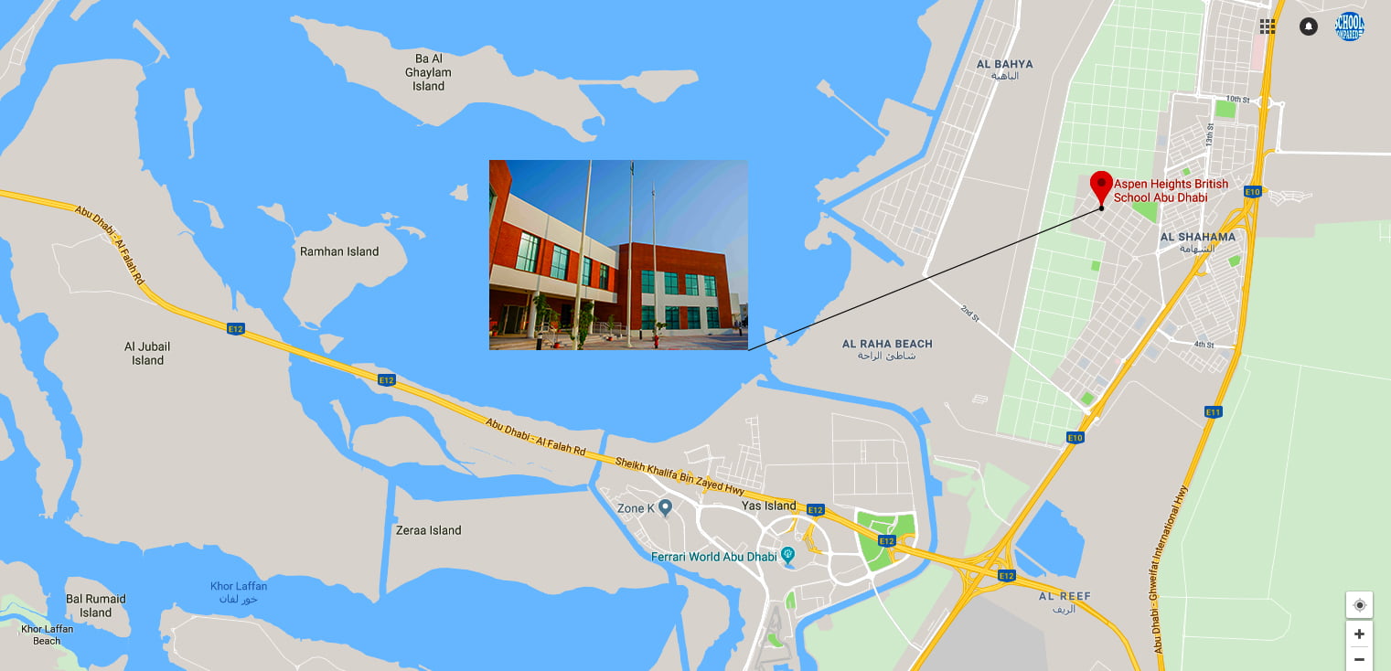 Map showing the location of Aspen Heights British School in Abu Dhabi