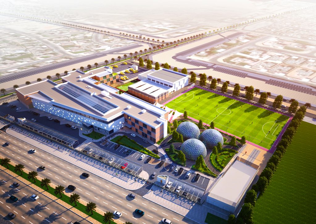 Ein Luftbild der Arbor School in Dubai zeigt die Biodome im Zentrum des Schullebens