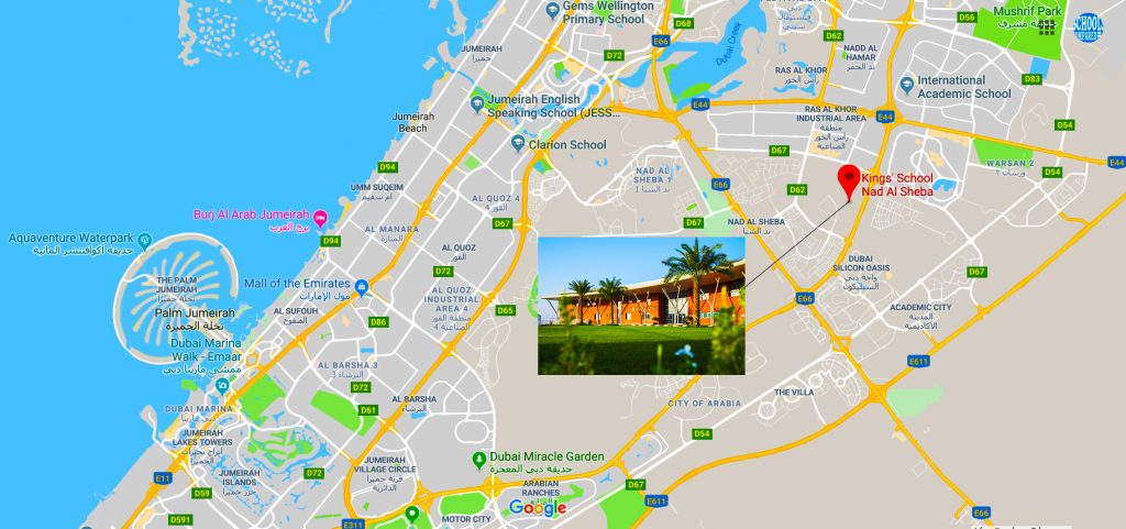 Karte mit dem Standort und der Wegbeschreibung zur Kings 'School Nad Al Sheba