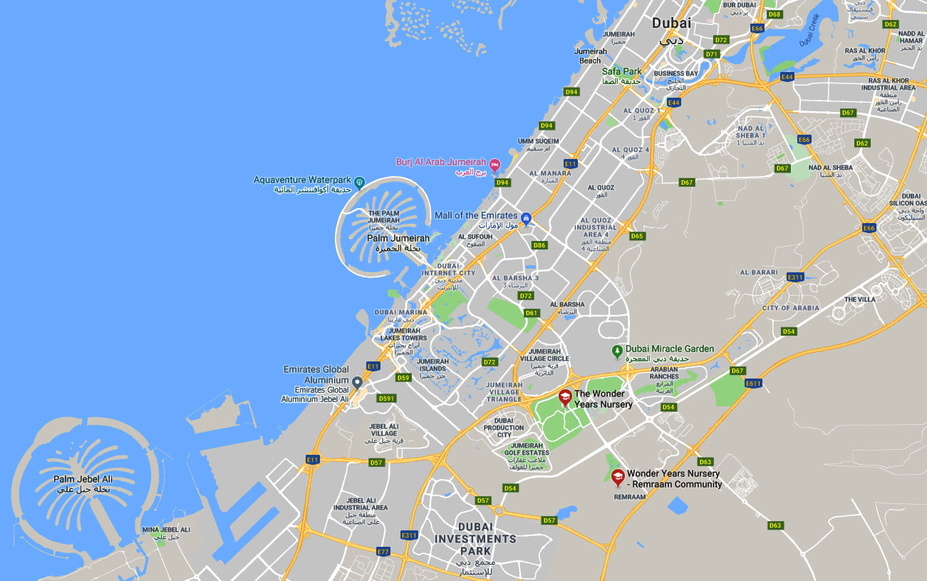 Map showing the location and proximity of the Wonder Years Nursery Dubai branches