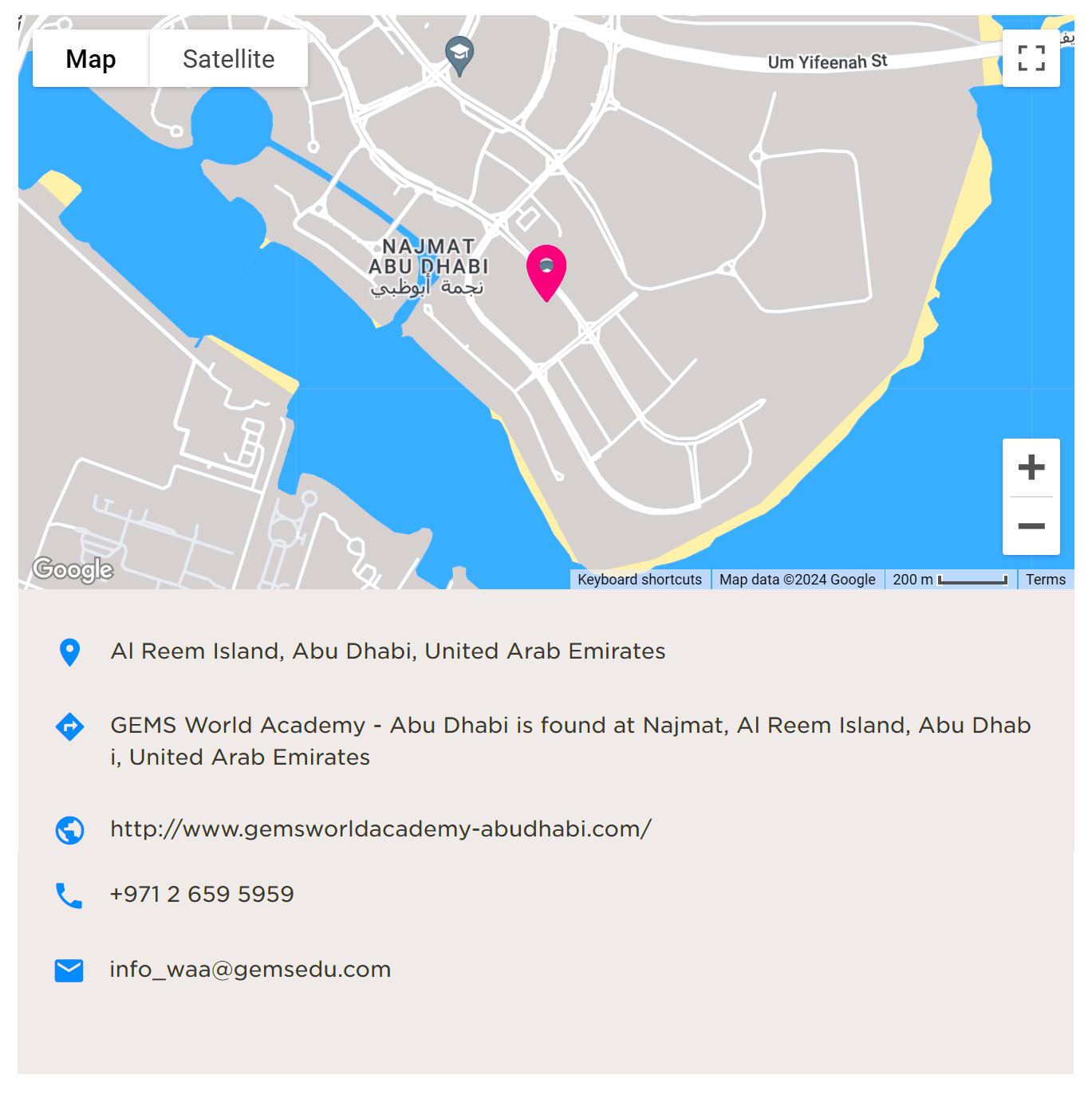 Carte montrant les directions vers la GEMS World Academy Abu Dhabi