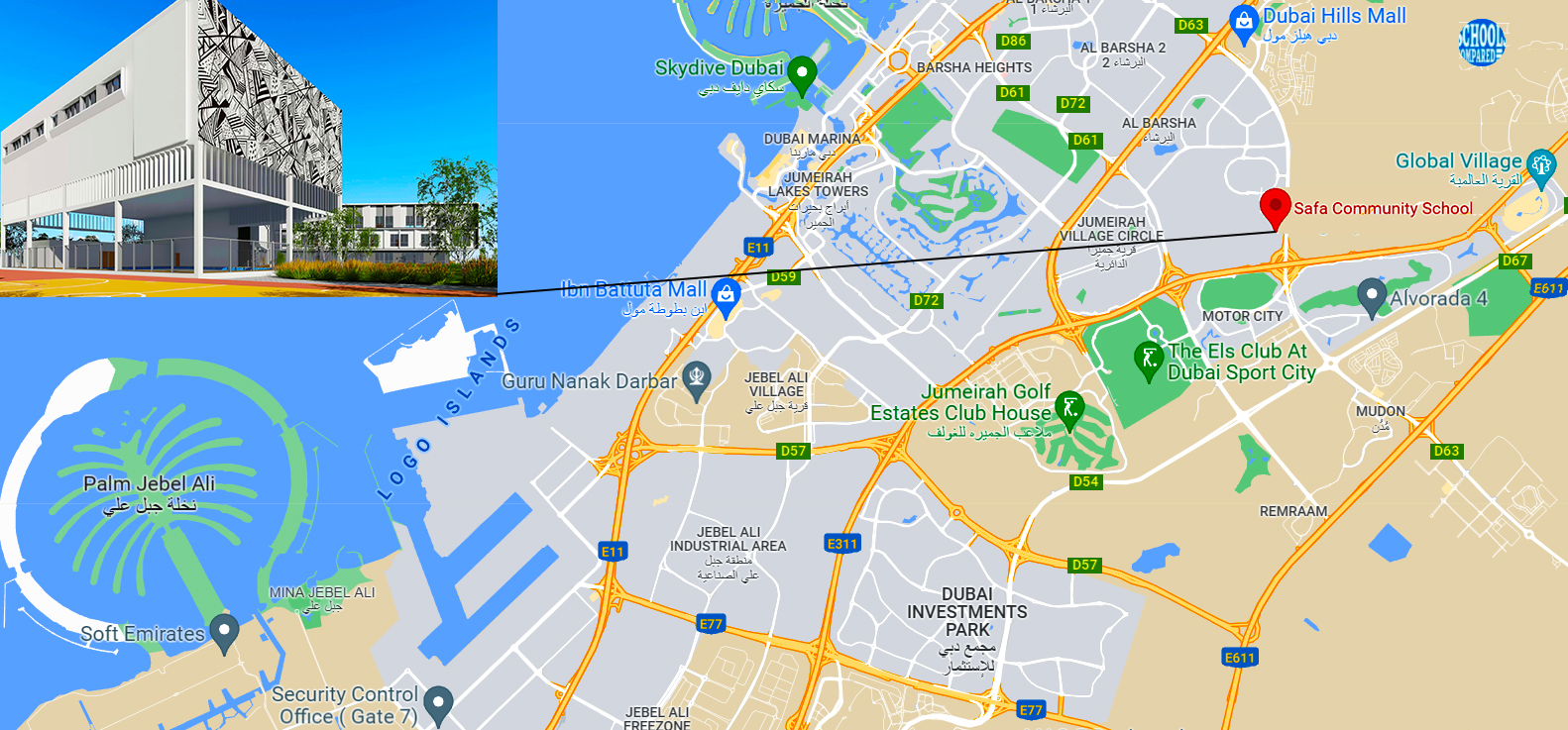 Bild mit einer Karte von Dubai, auf der der Standort der Safa Community School und eine Wegbeschreibung angegeben sind.