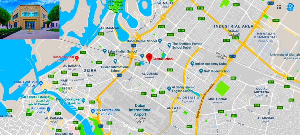 خريطة توضح موقع مدرسة العاصمة في دبي والاتجاهات للوصول إليها.