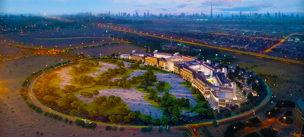 Campus-Universitäten eröffnen in Dubai. Dieses Bild zeigt die geplanten Gebäude der nächsten Phase des Campus der Universität von Birmingham, Dubai.