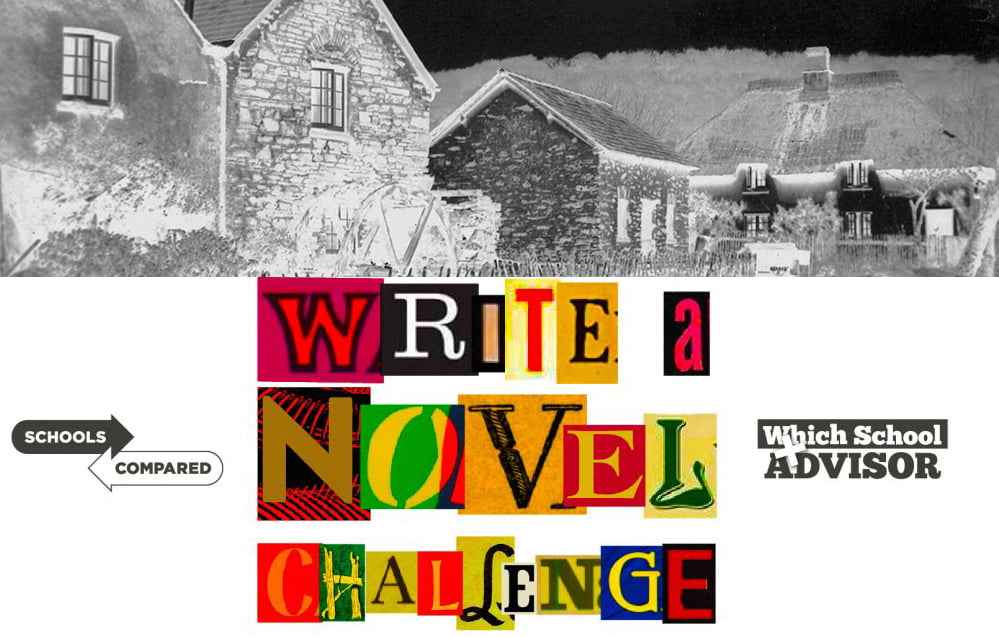 Illustration für einen Roman, der von Kindern in unserem Kapitel 55 "Write a Novel Challenge" geschrieben wurde und ein altes strohgedecktes Häuschen zeigt, das aus einer Kindheitserinnerung stammt.
