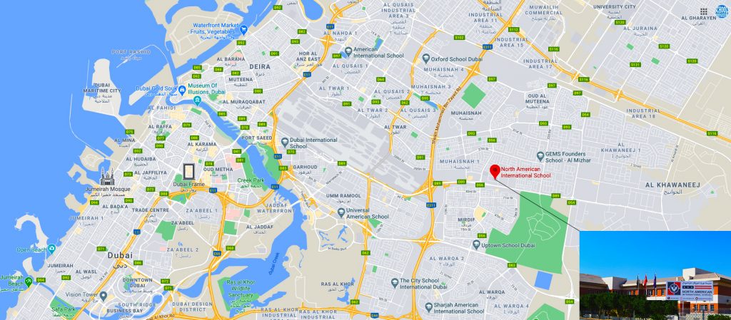 Map showing the location of North American International School in Dubai and its catchment area for parents and students.