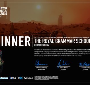 Royal Grammar School Guildford Dubai the recipient of the Schools Compared.com Top Schools Award for Best Architecture Environment, Design and Sustainability in a UAE School 2021-22
