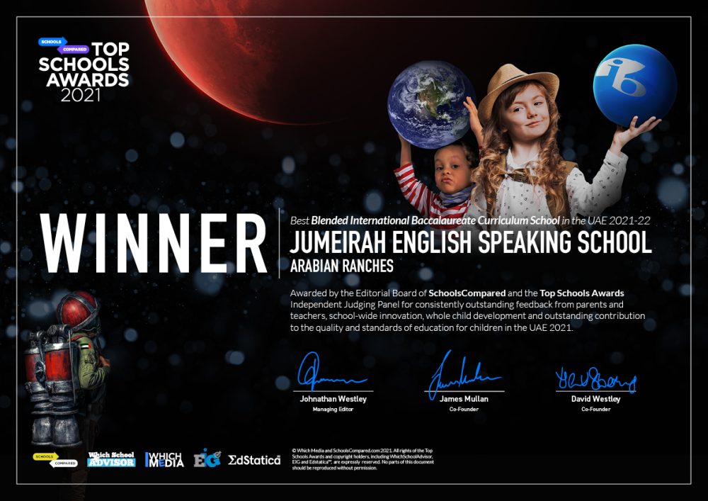 JESS Jumeirah English Speaking School wurde bei den SchoolsCompared.com Top Schools Awards in Dubai als beste Blended International Baccalaureate School in den VAE 2021-22 ausgezeichnet