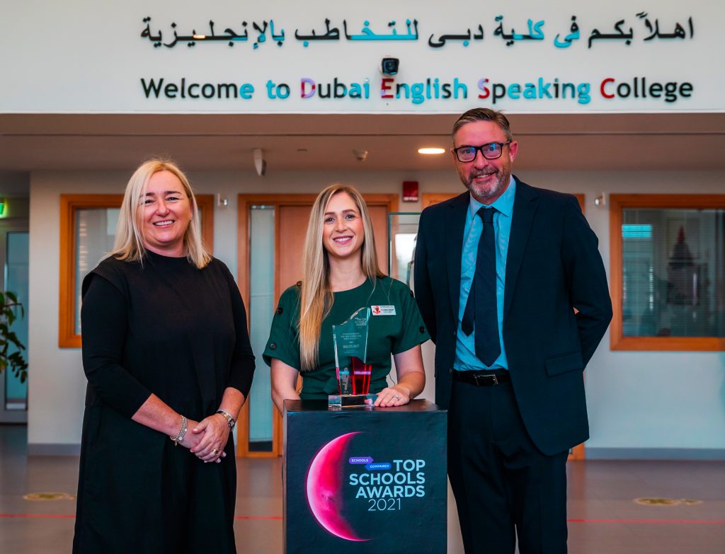 Charlotte Abbot, Director of English at Dubai English Speaking College pictured with Eimear McKenna Singh from the SchoolsCompared.com Top Schools Awards team and Andrew Gibbs, Principal and Chief executive Officer of Dubai English Speaking College.