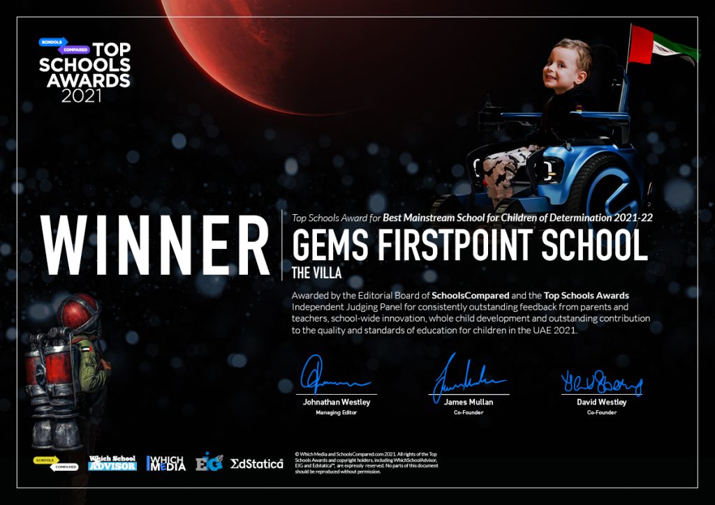 GEMS FirstPoint School - gemeinsamer Gewinner des SchoolsCompared Top Schools Award für die beste Mainstream-Schule für Kinder der Entschlossenheit 2021 - 22