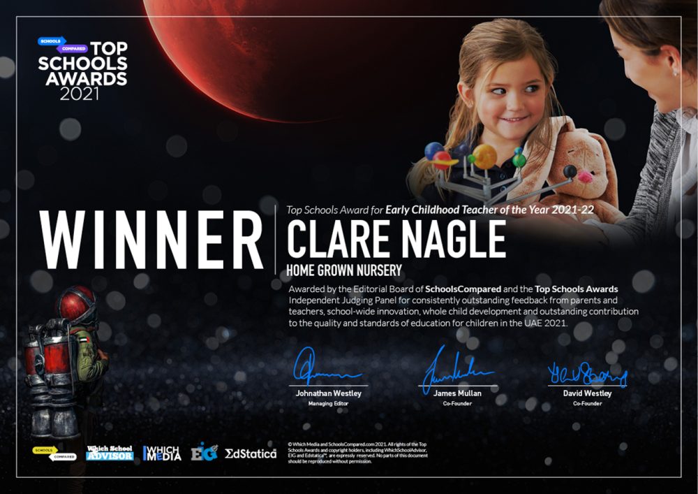 Clare Nagle Gewinnerin des besten Early Learning Center Teacher in the UAE bei den Top Schools Awards 2021 in Dubai