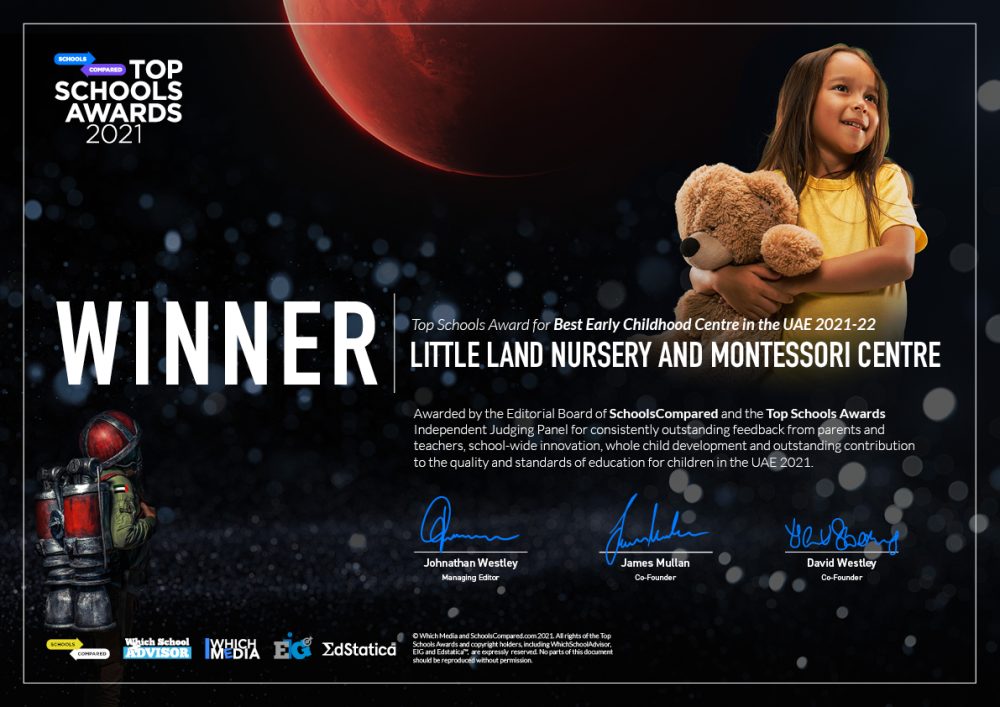 Little Land Nursery Gewinner des The Top Schools Award 2021 für das beste Early Learning Center and Nursery in den Vereinigten Arabischen Emiraten.