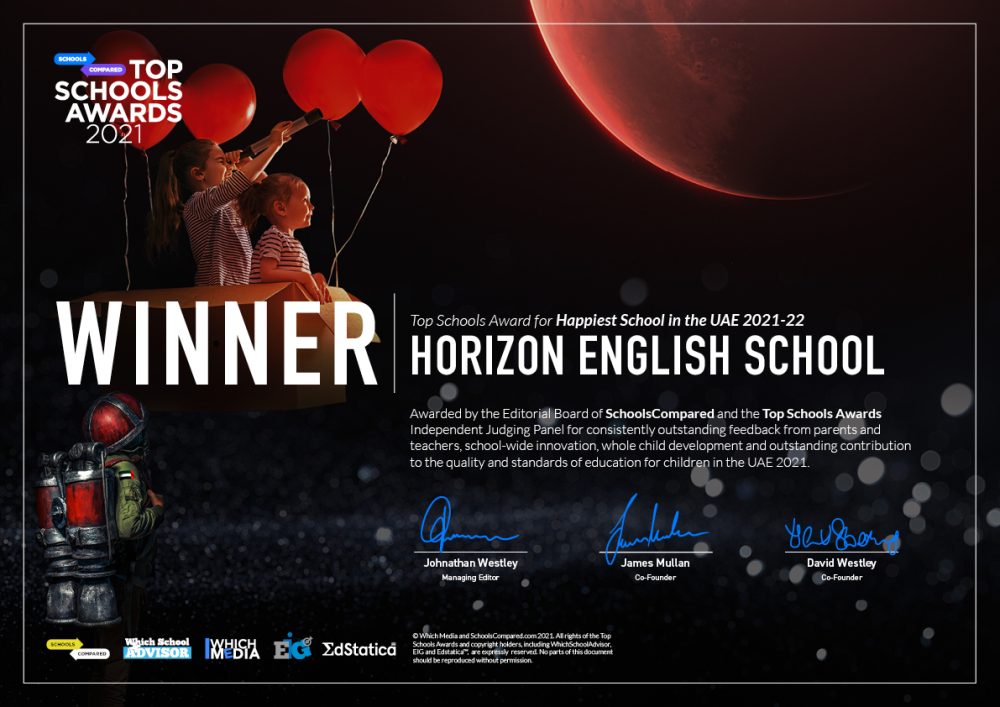 منحت مدرسة هورايزون الإنجليزية جائزة SchoolsCompared.com لأفضل المدارس عن أسعد مدرسة في الإمارات 2021