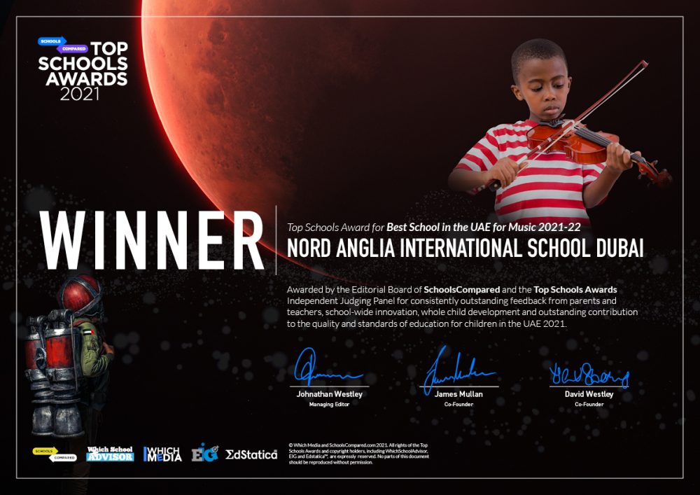 حصلت مدرسة نورد أنجليا الدولية بدبي على جائزة أفضل مدارس المدارس في الإمارات العربية المتحدة لأفضل مدرسة في الإمارات للموسيقى 2021-22