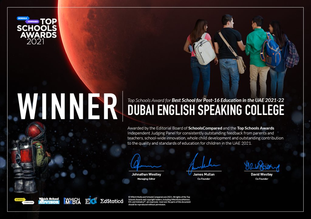 Gemeinsamer Gewinner des Top Schools Award 2021 für die beste Sekundarschulbildung in den Vereinigten Arabischen Emiraten - Dubai English Speaking College DESC
