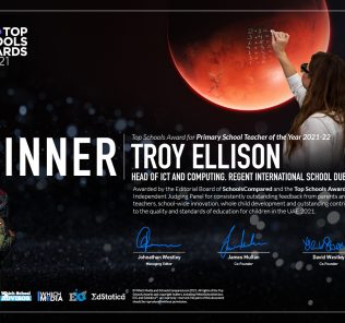 Troy Ellison wins Best Primary School Teacher in the UAE at the SchoolsCompared.com Top Schools Awards in Dubai