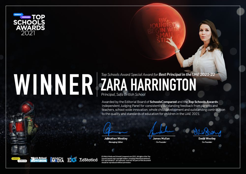 Der SchoolsCompared.com Special Award für den besten Schulleiter in den Vereinigten Arabischen Emiraten 2021-22 wird an Zara Harrington, Schulleiterin der Safa British School, verliehen.