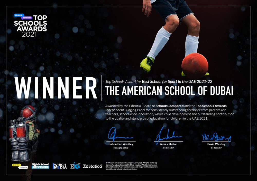 حازت المدرسة الأمريكية في دبي على جائزة أفضل مدرسة للرياضة في جوائز SchoolsCompared.com لأفضل المدارس 2021-22