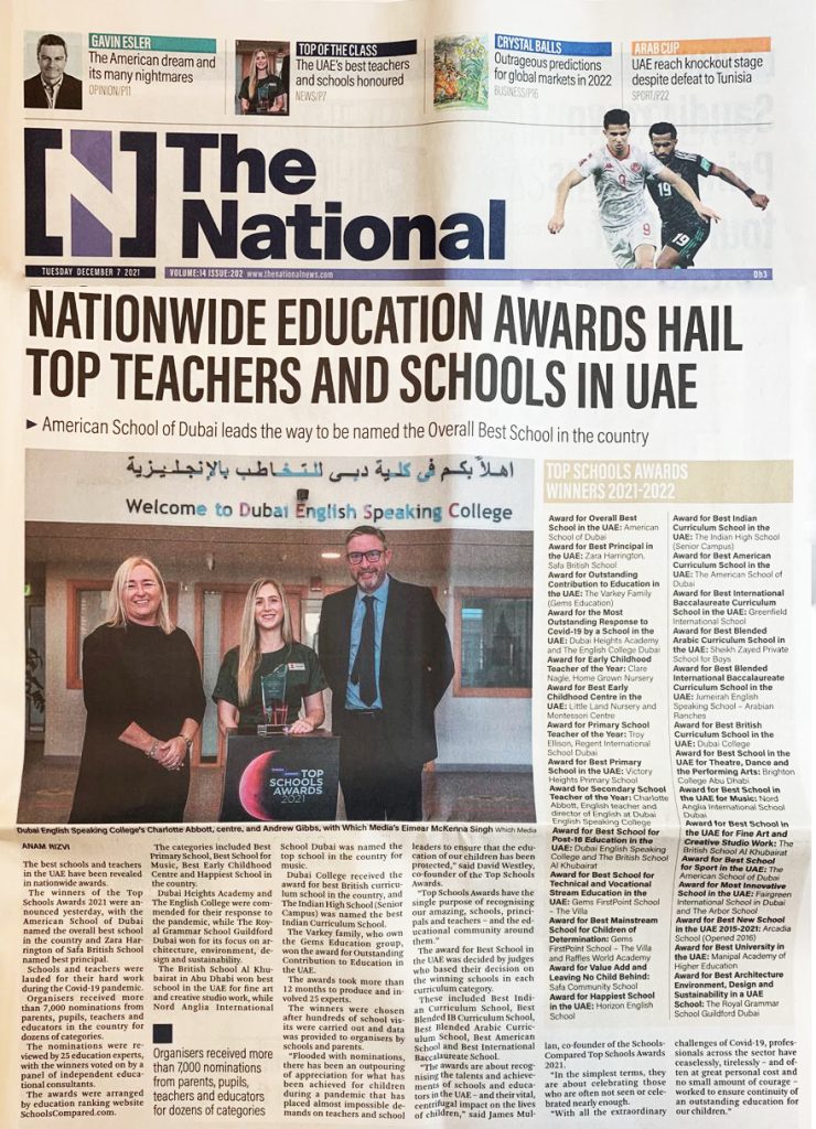 Best Schools in the UAE announced at the Top Schools Awards and The National broadsheet Abu Dhabi