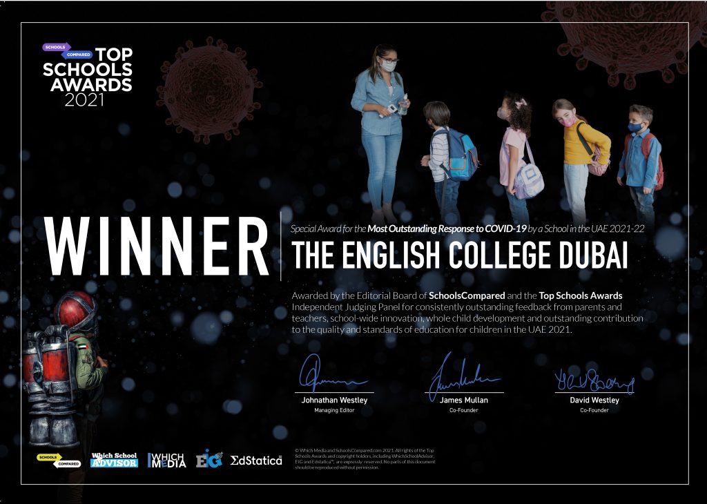 The English College Dubai awarded the SchoolsCompared.com Top Schools Award for Outstanding Response to Covid 19 in a UAE School