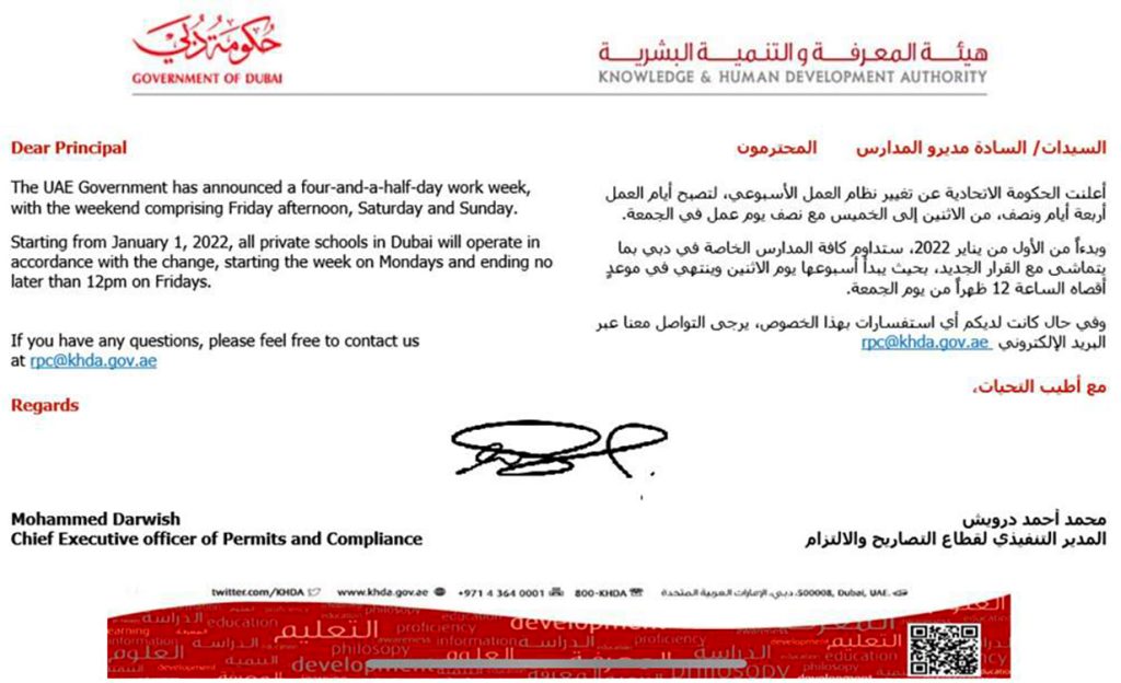 Es ist offiziell. Die KHDA, Dubais Schulaufsichtsbehörde, hat bestätigt, dass alle Schulen im Emirat auf die neue 4.5-Tage-Woche umziehen werden - die erste dauerhafte Reduzierung der 5-Tage-Woche weltweit