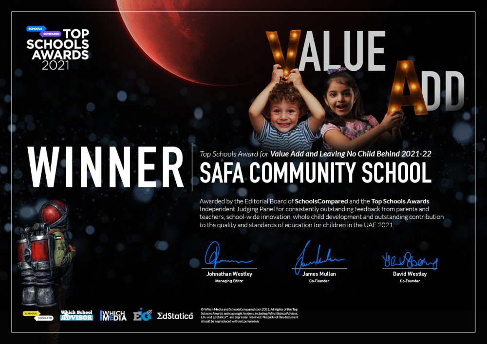 منحت مدرسة الصفا المجتمعية في دبي جائزة SchoolsCompared.com لأفضل مدرسة لأفضل مدرسة من حيث القيمة المضافة وعدم ترك أي طفل خلف الركب في الإمارات العربية المتحدة