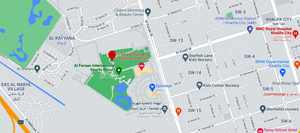 Map showing the location of, and directions to, Al Forsan Nursery in Khalifa City, Abu Dhabi.