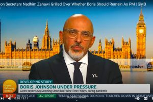 Photograph of Nadhim Zahawi wearing a T Level badge which he confirmed does not stand for Tory Leader - and that he has no plans to run for Prim Minister to replace Boris Johnson who is currently mired in Party Gate.