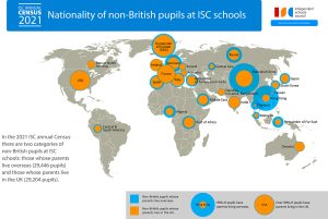 ISC-Infografik, die die Auslosung internationaler Eltern an privaten unabhängigen Schulen in Großbritannien zeigt