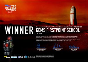 حازت GEMS FirstPoint على جائزة أفضل مدرسة في الإمارات للتعليم التقني والمهني ، ويرجع ذلك جزئيًا إلى عمق التدريب الداخلي للطلاب والتزامها به.