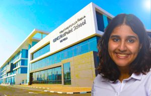 Photograph of Susan Thomas, a student at GEMS FirstPoint School in Dubai in 2022 taken outside the school. Miss Thomas is a keen proponent of, and evangelist of, internships as being intrinsically important in the education of students.