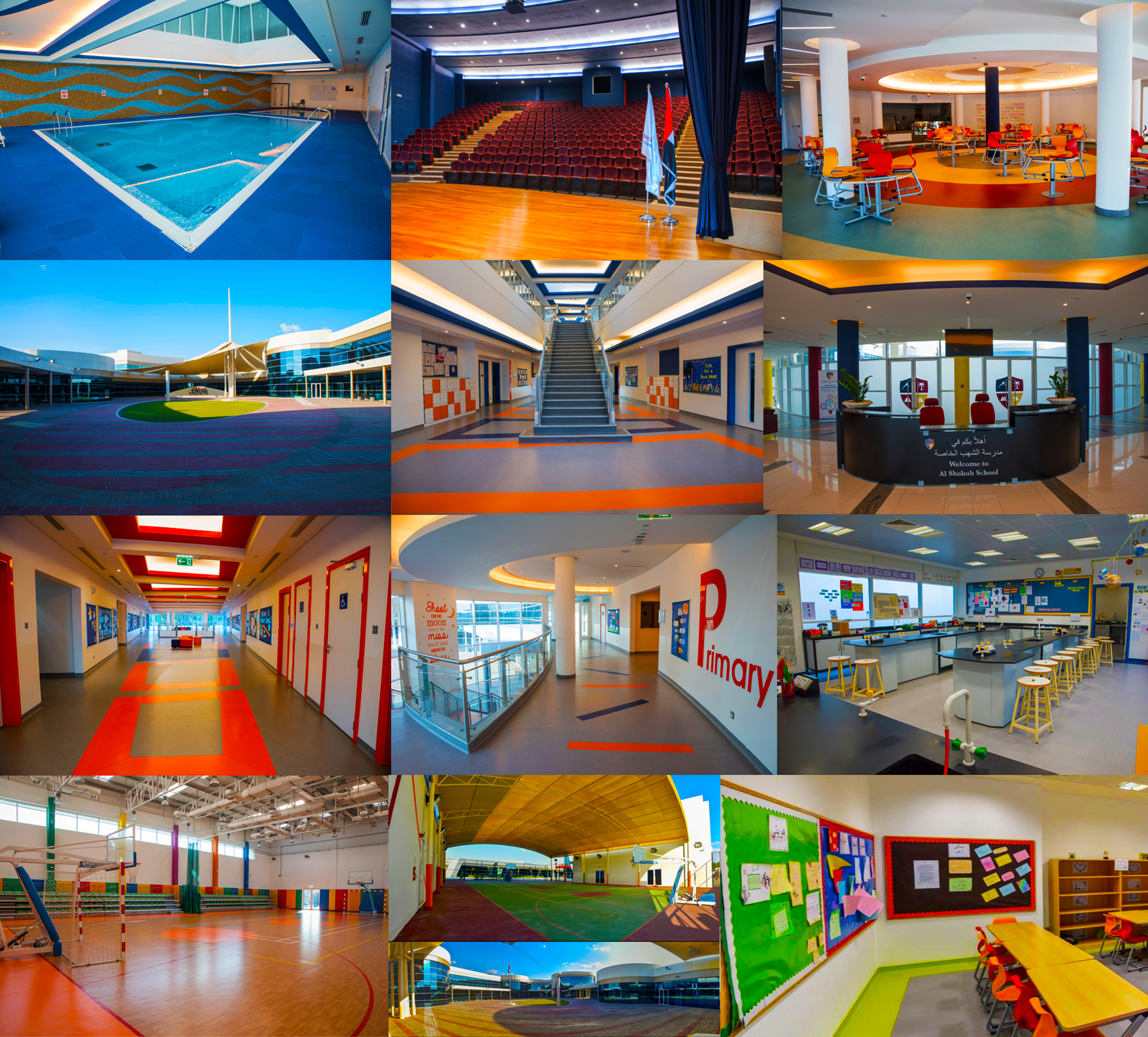 Collage von Einrichtungen der Al Shohub School in Abu Dhabi