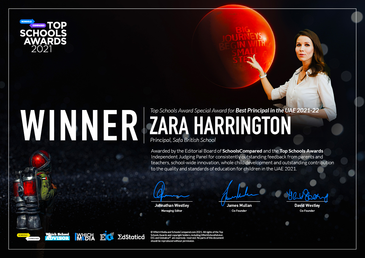 Zerifiziere den Zara Harrington Safa British School Award als bester Schulleiter beim UAE Top Schools Award 2022