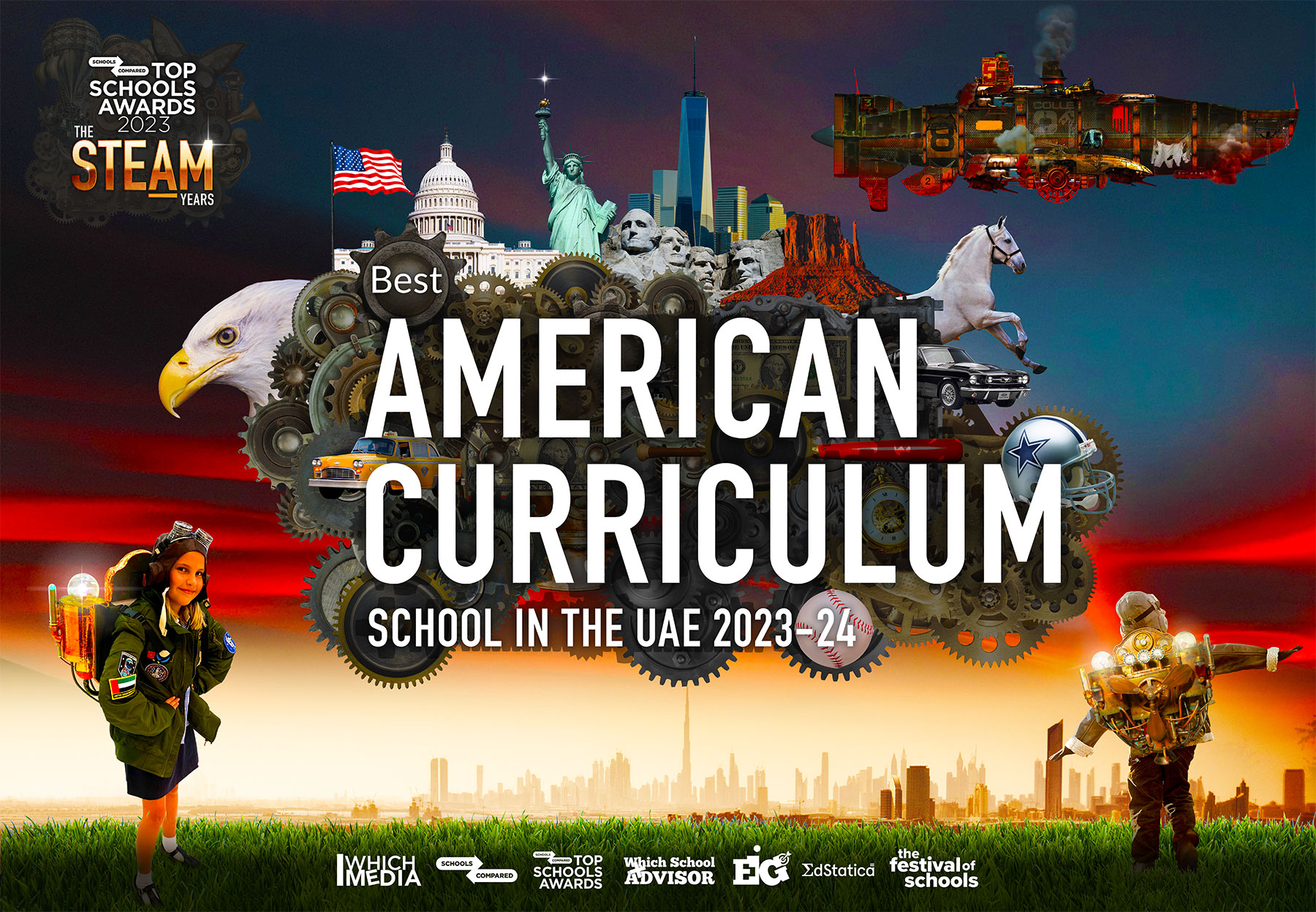 Top Schools Awards 2023 - Award for Best American School / Best American Curriculum School in the UAE 2023 - 2024. Main image shows a young girl and aspiring engineer from the British School of Al Khubairat engaged in testing a jet pack specially created for this years awards to highlights its focus on STEAM.
