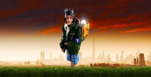 Top Schools Awards 2023. Photograph of Rocket Girl from Durham School Dubai wearing a jet pack manufactured for the awards during first phase flight testing in Dubai in 2022