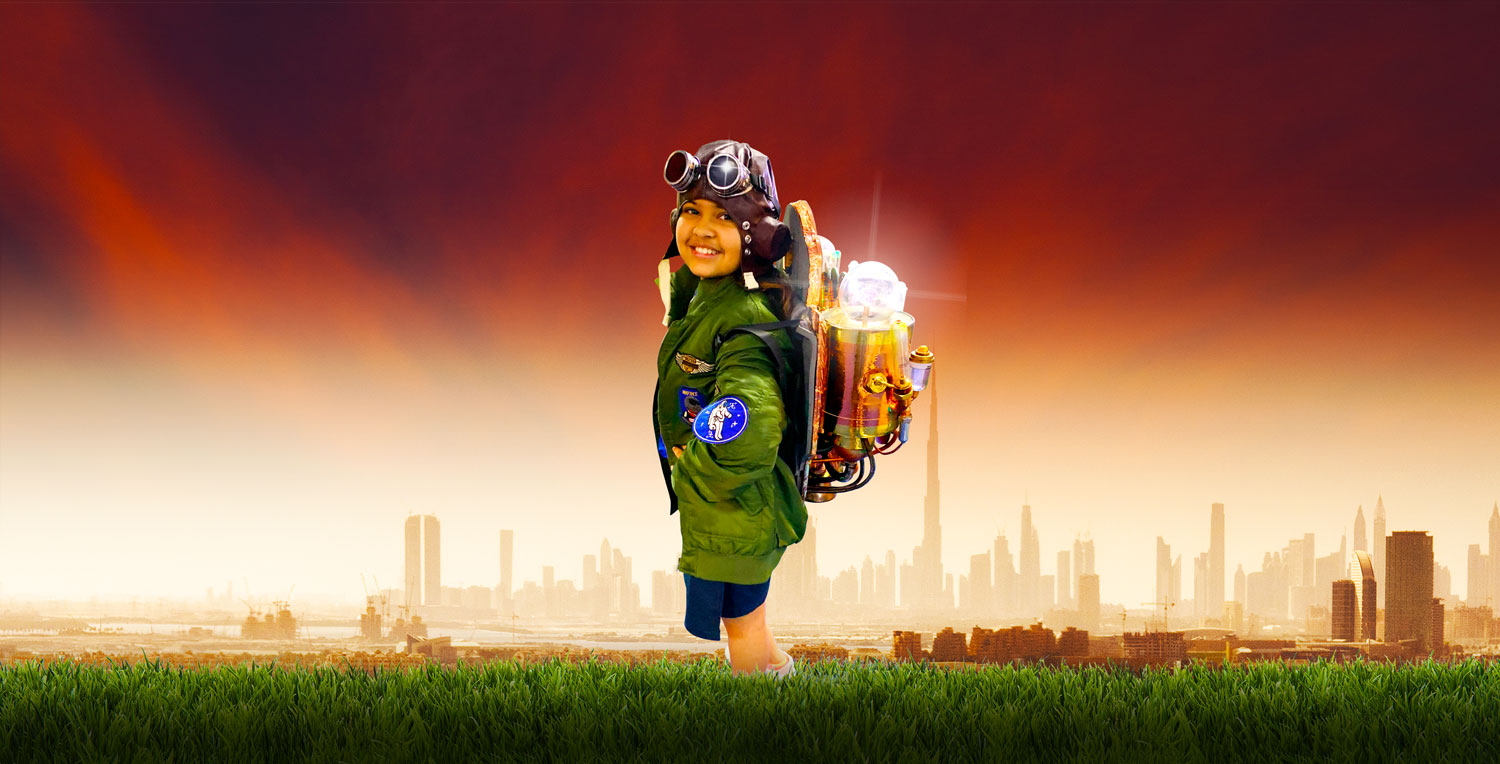 Top Schools Awards 2023. Visual featuring a young student and rocket girl from GEMS Dubai American Academy wearing a jet pack as part of STEAM and first phase flight testing for the TSA taken in Dubai in November 2022