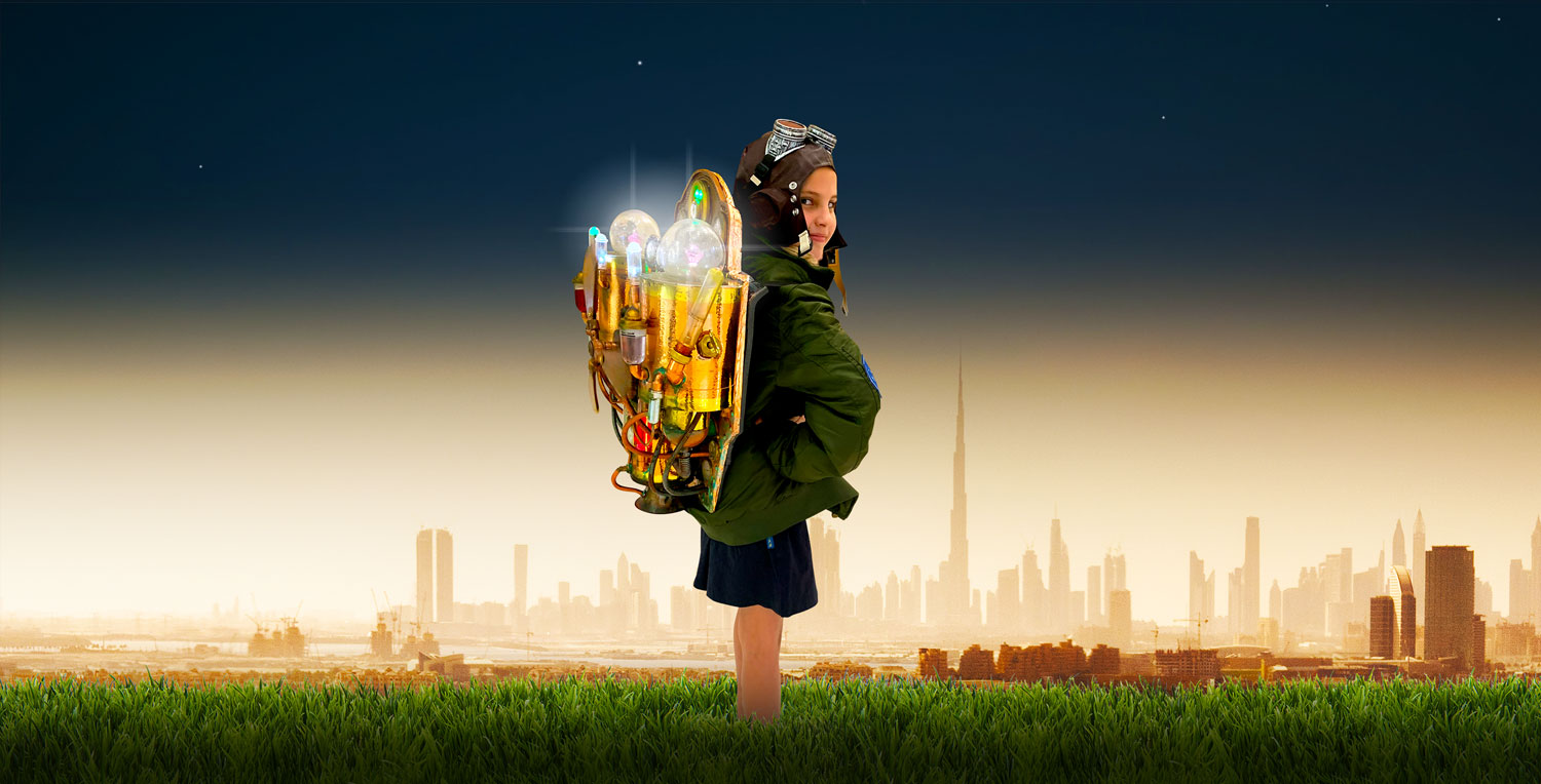 Top Schools Award for Best Nursery School / Early Learning Centre in the UAE 2023 - 2024. Here we see a picture of an aspiring young enginbeer first phase testing a Jetpack specially created for the Top Schools Award gto celebrate the importance ogf STEAM in education. 