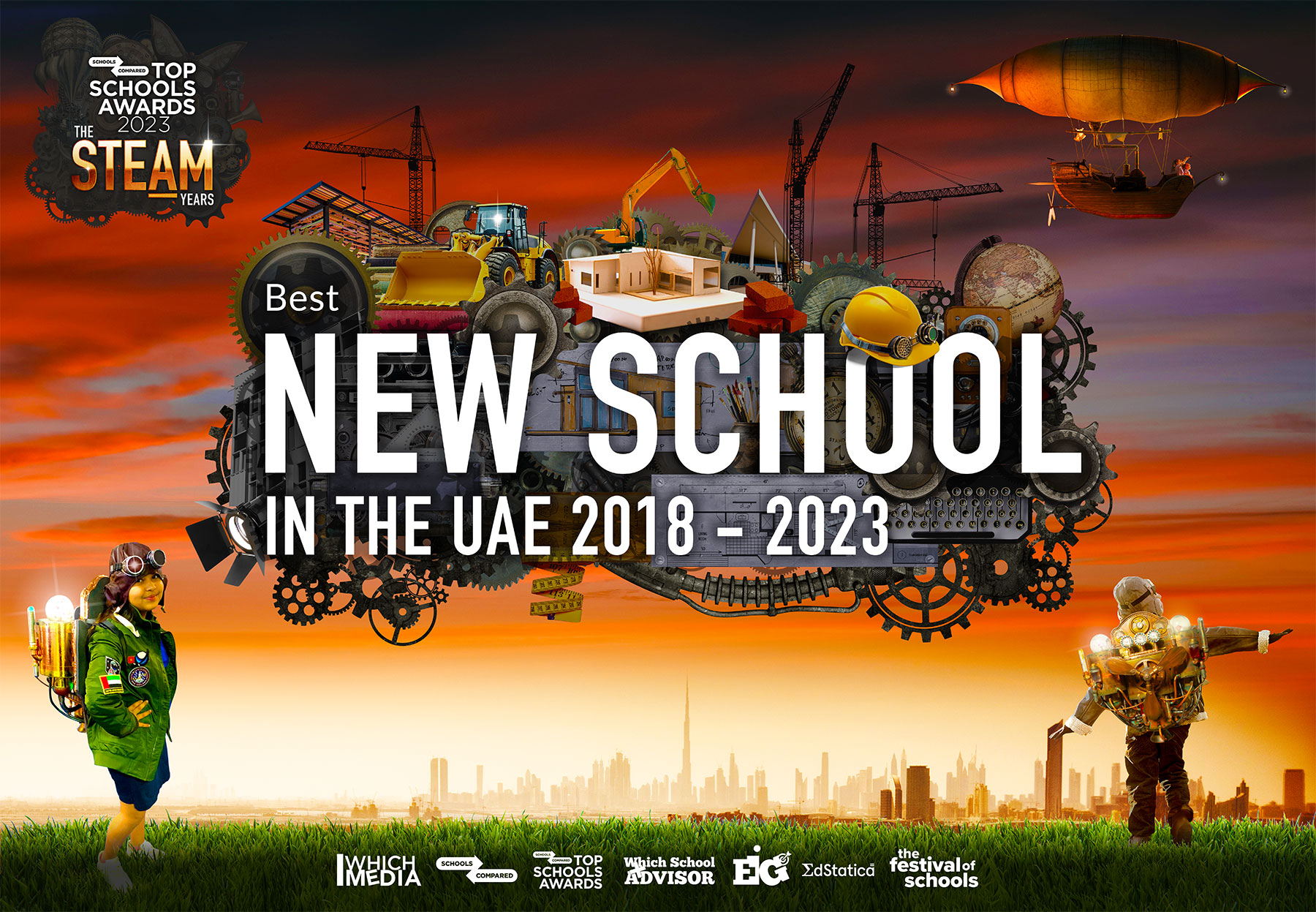 Top Schools Awards 2023. Award for Best New School in the UAE 2018 - 2023. Image shows a young student and aspiring engineer testing a Jet Pack as part of the Top Schools Awards and its focus on recognising the importance of STEAM in education