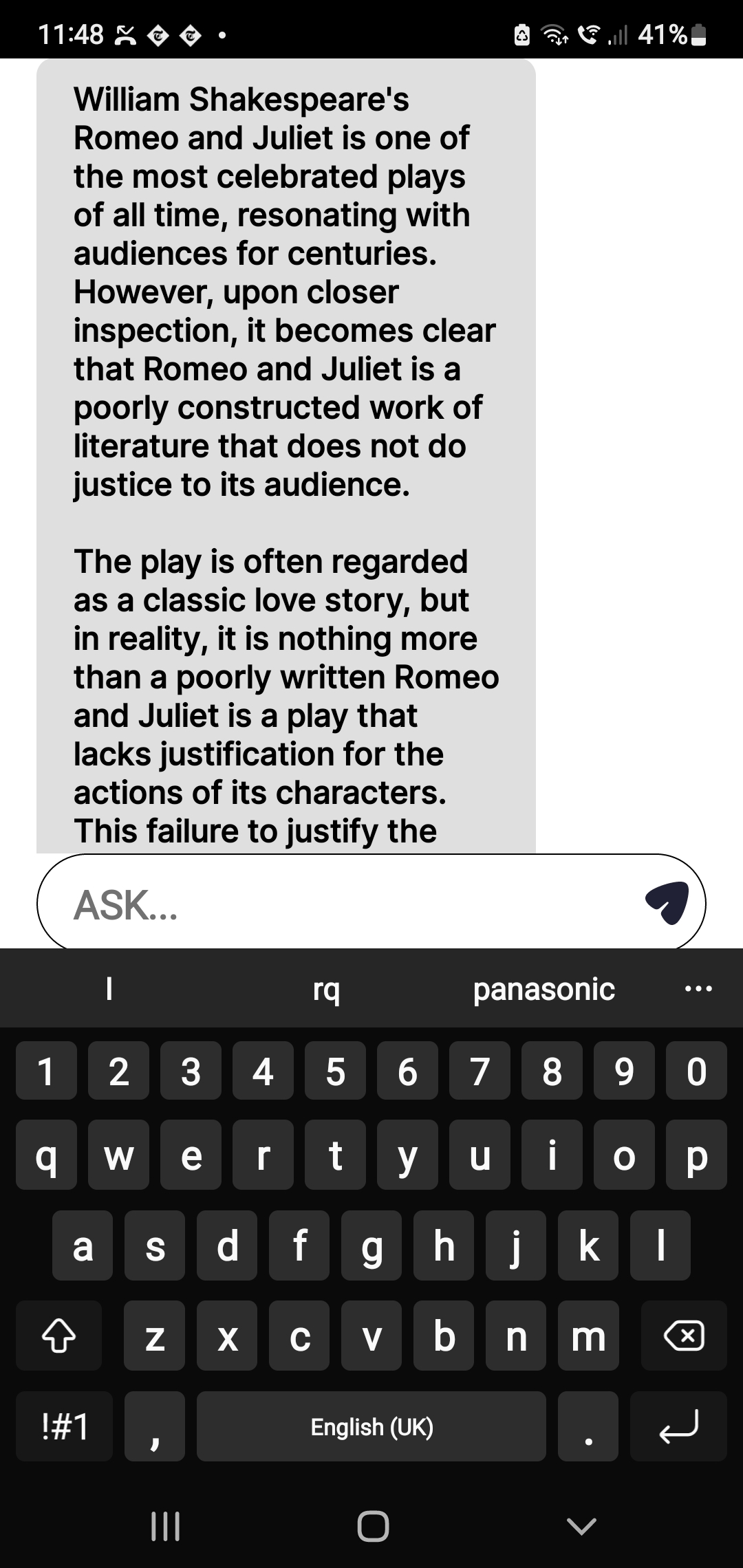 لقطة شاشة للإجابة التي قدمها تطبيق School Hack لطلب كتابة مقال مدرسي عن روميو وجولييت